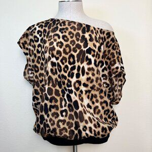 EXPRESS Leopard Print Boatneck Off-Shoulder Batwing Black Hem Tunic Blouse M